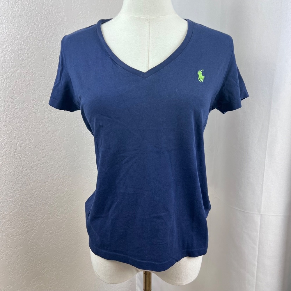 Y2K Ralph Lauren Top Womens Medium Blue V Neck Classic Tee Cotton Academia